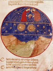 Dante i Beatrice patrzą z nieba, Ziemi i gwiazd. Podświetlana strona ilustrująca pieśń Paradise z „Divina Commedia” Dante Alighieri (1265-1321). XIV wiek, Wenecja, Biblioteca Marciana