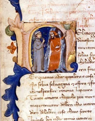 Dante i Virgil przy wejściu do piekła. (lettrine "" N ") Incipit piekła boskiej komedii (Boskiej komedii) z XIV wieku w Mediolanie, biblioteka Trivulzian. (W połowie podróży naszego życia...)
