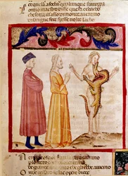 Dante i Virgil spotykają duszę grzesznika skazanego na pożarcie przez smoka. Podświetlana strona ilustrująca pieśń piekielną czerpie z „Divina Commedia” Dantego Alighieri (1265-1321). XIV wiek, Wenecja, Biblioteca Marciana