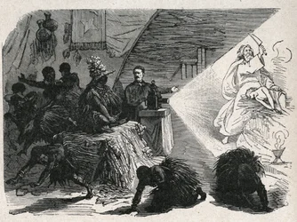David Livingstone (1813-1873) Szkocki misjonarz i odkrywca z latarnią magiczną na Balondzie.