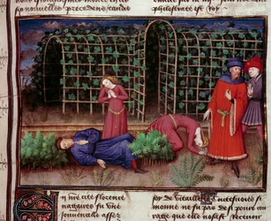 Śmierć Dwie osoby zabite śmiercią. Miniatura z „Le Decameron” Jeana Boccace (Giovanni Boccaccio) (1313-1375) 1450 Paryż, biblioteka Arsenału