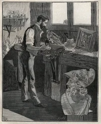 Zdobienie sztućców: dłuto z brązu. Grawer z 1885 roku w „Les arts et metiers illustres” Adolphe BITARD.