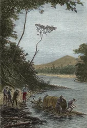 Zejście Amazonki (1743-1744) - Początek tratwy autorstwa Charlesa Marie de La Condamine (1701-1774) rycina -
