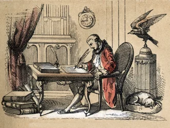 Opis różnych produktów i zastosowań papieru: portret Georgesa Louisa Leclerca, hrabiego Buffon, przyrodnika i pisarza (1707-1788) piszącego swoją historię naturalną. Talerz „Le papier et ses produits” w „Les Recreations instructives” Synoptique pai