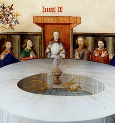 Szczegół: Rycerze Okrągłego Stołu z „Historii Lancelota”. Ukazanie się Świętego Graala przed Rycerzami Okrągłego Stołu, miniatura zaczerpnięta z „Historii Lancelota”, velin