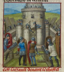 Fragment miniatury przedstawiającej szturm na zamek z „Le Roman de la Rose”