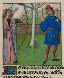 Fragment miniatury Amour (Miłości) celującej w Kochanka z łukiem i strzałami, z „Le Roman de la Rose”