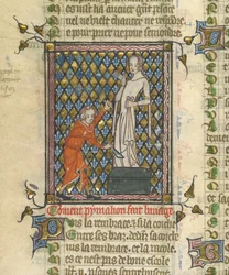 Fragment miniatury Pigmaliona przed posągiem z „Le Roman de la Rose”, ok. 1380 r. (miniatura)