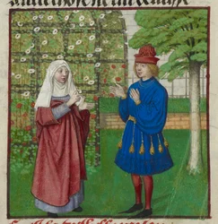 Fragment miniatury Raisona (Powodu) doradzającego Kochankowi z „Le Roman de la Rose”