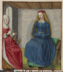 Fragment miniatury la Vieille (The Duenna) i Bel Accueil (Fair Welcome), z „Le Roman de la Rose”