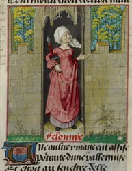 Fragment miniatury alegorycznej postaci Feloniye (Zbrodnia) w pierwszej kolumnie folio z „Le Roman de la Rose”