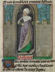 Fragment miniatury alegorycznej postaci Vilenie (Villainy) w drugiej kolumnie folio, z „Le Roman de la Rose”