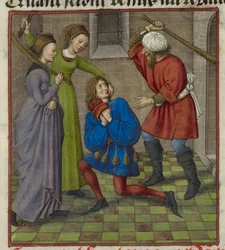 Fragment miniatury przedstawiającej Honte, Peura i Danger atakujących kochanka, z „Le Roman de la Rose”