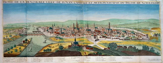 Szczegółowy widok miasta Rouen w Normandii. Rycina z XVII wieku. Paryż B.N.
