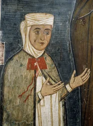 Pobożna Saramalyna Anastasia w ubraniach z XIV wieku, fresk w bizantyjskim kościele Matki Bożej z Asinou (XII w.) (Lista Światowego Dziedzictwa UNESCO, 2001), góry Troodos, Cypr