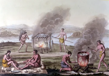 Scena kulinarna i kulinarna wśród Indian z Florydy. Grawerowanie z XVII wieku.