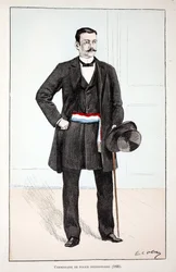 Komisarz Oddziałowy Policji (1896). Akwaforta w kolorach, dla ilustracji „Historia korpusu sił pokojowych””” książka wydana pod patronatem Louisa Lepine’a (1846-1933) prefekta policji nad Sekwaną, autorstwa Alfreda Reya (1864-?) i Louisa Irona