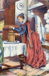 Skóra osła wrzuca swój pierścień do ciasta. Anonimowa ilustracja do opowiadania „Skóra osła” autorstwa Charlesa Perraulta (1628-1703), francuskiego pisarza. Zdjęcia Marcel Vagne, Jarville Nancy, bez daty (koniec XIX wieku).