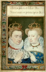 Podwójny portret Henryka IV króla Francji (1553-1610) i Małgorzaty de Valois (1553-1615) znanej jako królowa Margot. Miniatura z księgi godzin Katarzyny Medycejskiej (Caterina de Medici)