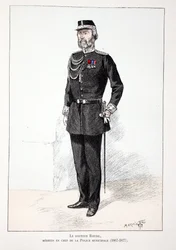 dr Roudil, naczelny lekarz straży miejskiej (1867-1877). Akwaforta w kolorach, dla ilustracji „Historia Korpusu Strażników Pokoju””” wydana pod patronatem Louisa Lepine