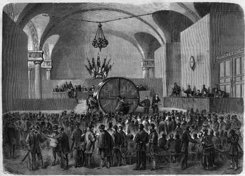 Losowanie obligacji do spłaty należących do dwóch pożyczek zaciągniętych przez miasto Paryż w latach 1855 i 1866. Hotel de Ville de Paris, 2 lutego