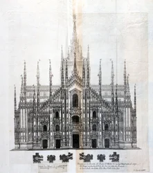 Rysunek fasady Duomo w Mediolanie ukazujący jej jednolitość z bryłą budynku. Wiele projektów architektonicznych zostało zaprojektowanych około XVII wieku, aby uzupełnić fasadę, która pozostała niedokończona.