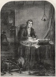 Książę Wellington (Arthur Wellesley (1769-1852) Książę Wellington) pisanie wysyłki po Waterloo, 19 czerwca 1815 - grawerowanie 1852