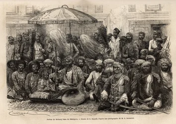 Durbar (feodalna i prawna rada stanu książęcego) Maharajy Rany z królestwa Dholepore (Radźasthan). Engravure pour illustrrer l