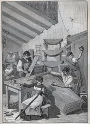 Ebenisterie: warsztat lakierowania stempli. Grawer z 1885 roku w „Les arts et metiers illustres” Adolphe BITARD.