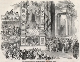 Elisabeth Rachel Felix, znana jako Mademoiselle Rachel (1821-1858), francuska Tragedienne, przed Napoleonem III w Theatre Francais w 1852 r. - W przeddzień proklamacji Drugiego Cesarstwa Rachel ogłosiła w Theatre Francais 22 października 1852 r.
