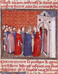 Korony cesarza Karola Wielkiego (742-814) wchodzą do kościoła, a następnie miniaturowi prałaci z „Les grandes Chronicles de France”” XV-wieczny Chantilly, Musee Conde