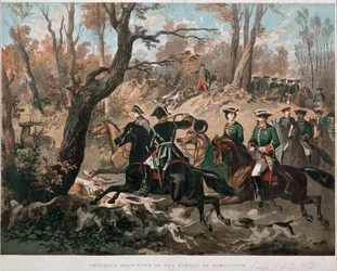 Cesarz Napoleon III (1808-1873) i jego żona Eugenia de Montijo (1826-1920) spacerują po lesie Compiegne Litografia w kolorze około 1855 r. Mediolan Museo del Risorgimento