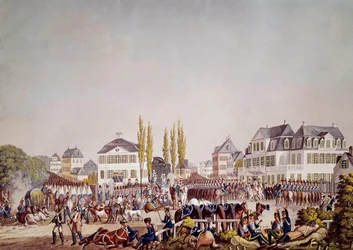 Cesarz Napoleon I (1769-1821) dokonuje przeglądu wojsk we Frankfurcie. Rycina z 1813 r. Frankfurt, Muzeum Historyczne