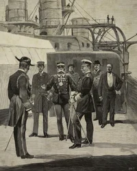 Cesarz Niemiec Wilhelm II (1859-1941) odwiedzający pancernik Sicilia, Wenecja, Włochy, rysunek E X z L