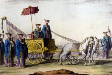 Cesarz dynastii Ming na swoim rydwanie – w „Le costume ancien et moderne”” J. Ferrario, wyd. Mediolan