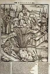 Eneide de Virgil (70 pne-19 pne), Księga XII, bohaterowie trojańscy Enee zostaje cudownie potraktowany przez Wenus, po czym postanowił szturmować miasto Latinus. Umiera król Lacjum (po prawej) i to Enee zostanie królem, który poślubi córkę zmarłego Lavinie