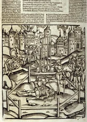 Eneide de Virgil (70 pne-19 pne), Księga XII, bohaterowie trojańscy Enee zabija w bitwie pod Turnusem na oczach łacinników i Rutuli. Ksylografia Sebastiana Branta (1458-1521). Strasburg