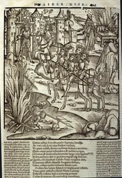 Eneide de Virgil (70 pne-19 pne), księga XIII (supplementum), trojański bohater Enee przyjmuje łacinników, składane są ofiary ku czci ofiar wojny. Ksylografia Sebastiana Branta (1458-1521). Strasburg
