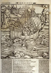 Eneide de Virgil (70 pne-19 pne), trojański bohater Enee i jego towarzysze przeprawiają się przez morze pełne syren. Ksylografia Sebastiana Branta (1458-1521). Strasburg