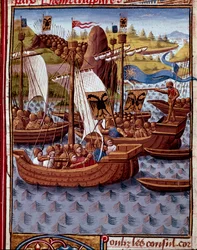 Wrogowie przybywają do Rzymu, by prosić o pokój z Rzymian Miniatura z „”Historii Rzymu”” (Ad urbe condita) autorstwa Titus Live (59 pne-17 AD) (Titus Livius), przekład Pierre Bressuire (ms. 310) 1450- 1500 - Chantilly, musee Conde - Wrogowie przybywają do 