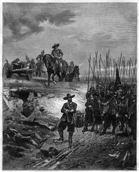 Angielskie wojny domowe: Oliver Cromwell (1599-1658) w bitwie pod Marston Moor, 2 lipca 1644 - parlamentaryści pokonali rojalistów dowodzonych przez księcia Ruperta. Rycina z XIX wieku - Oliver Cromwell w bitwie pod Marston Moor 2 lipca 1644 podczas