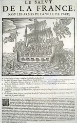 Grawerowane drewno. Broszura polityczna Mazarinade: „”Zbawienie Francji w ramionach miasta Paryża”” A - Dobry geniusz Francji, pochłaniający swój majestat (Ludwik XIII) we flocie królewskiej, B - Książę de Conty, C - Duc de Bouillon et de la Motte-Hauda