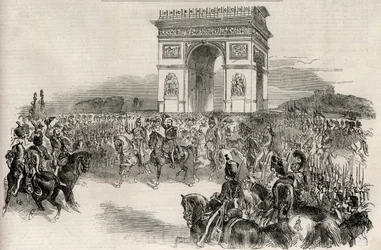 Wjazd Napoleona III do Paryża przez Łuk Triumfalny 2 grudnia 1852 r., rycina - Cesarz francuski Napoleon III (1808-1873) wjeżdża do Paryża 2 grudnia 1852 r. -