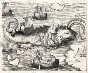 Epizod Legendy o św. Brandanie (Brendan): fantastyczna podróż irlandzkiego opactwa z VI wieku w poszukiwaniu ziemskiego raju. Druk z 1621 r.
