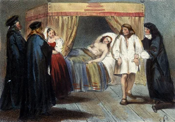 Odcinek próby męskości Wincentego I Gonzague (1562 - 1612), księcia Mantui, za małżeństwo z córką Franciszka Medyceusza Eléonore w 1584 roku. Podejrzewano, że nie miał żadnych spadkobierców. Litografia XIX wieku.