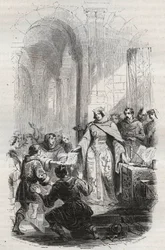Ermesinde, hrabina Luksemburga - Karta pocztowa nadana przez Ermesinde Iere z Luksemburga mieszkańcom Luksemburga w 1243 r. - Rycina z 1868 r. w „Historii Belgii od czasów pierwotnych do końca Leopolda I” autorstwa Theodore Juste (1818-1888) -