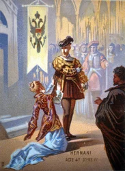 Ernani de Giuseppe Verdi, akt IV, scena IV. chromolitografia XIX wiek.