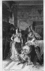 Esmeralda i Fleur de Lys (Fleur-de-Lys). Ilustracja „Notre Dame de Paris” Victora Hugo (1802-1885). Grawerowanie pod koniec XIX wieku.