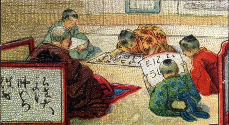 Życie codzienne w Japonii: uczniowie uczący się czytać, seria o tradycjach i metrykach, początek XX wieku (chromo)