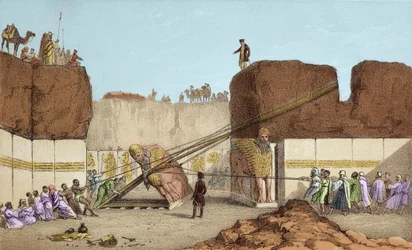 Wykopaliska w Niniwie (Nineveh) - Ruiny Nimrudu (Nimroud) autorstwa Henriego Layarda (po jego podróży do Mezopotamii w XIX wieku); wymiana wielkiego skrzydlatego byka - Transport skrzydlatego byka z Nimrudu podczas wykopalisk sir Austena Henry